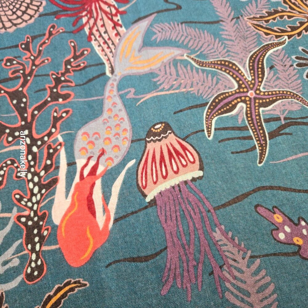 NWT Spartina 447 Linen Blend Scarf w/ Undersea Scene Mermaid Jellyfish, Seahorse - Picture 7 of 12